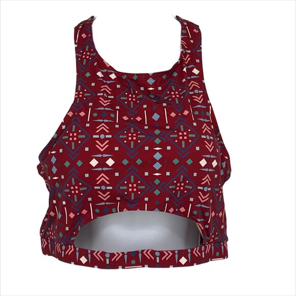 Geometric Cut-Out Bandeau Tankini in Burgundy with Multi Color Pattern Size XS - Picture 3 of 5